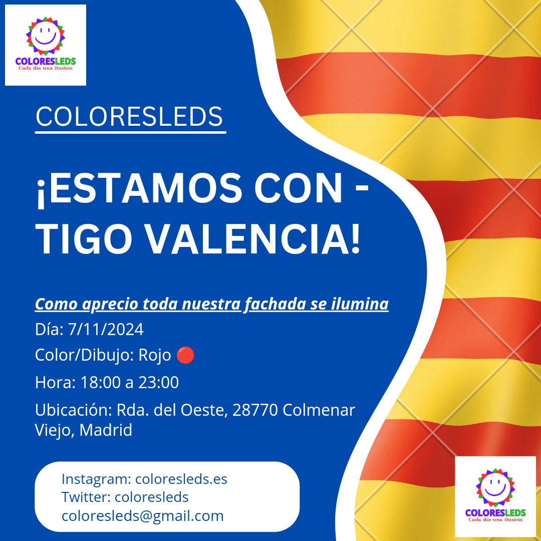 ColoresLEDS's tweet image. Hoy día 7/11/2024 nuestra fachada se ilumina de color (Rojo 🔴) Para homenajear y dar MUCHA FUERZA A VALENCIA

ColoresLEDS está con vosotros.

#Valencia #DanaValencia #DANA #AyudaValencia