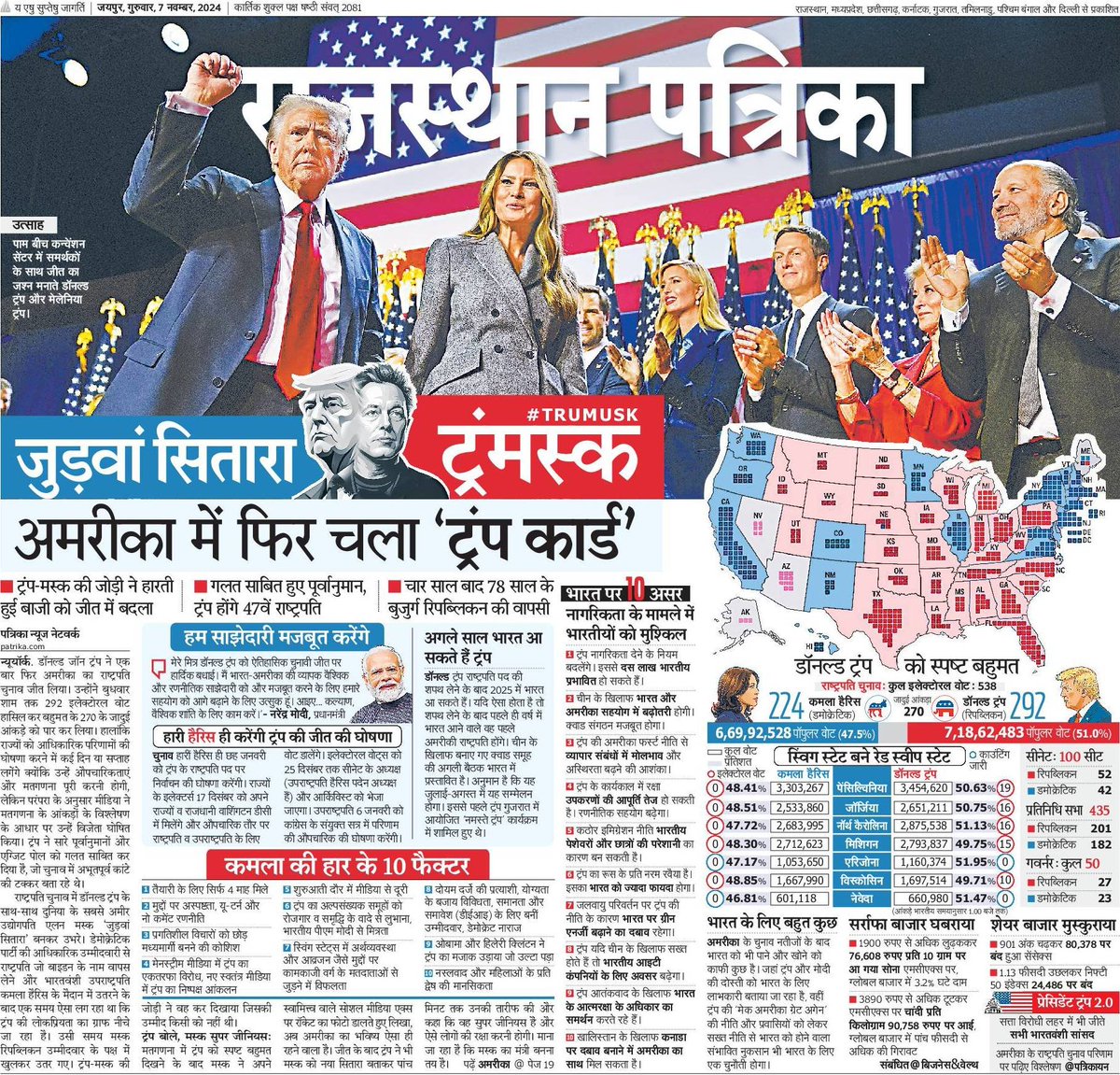 #TRUMUSK : जुड़वां सितारा 'ट्रंमस्क'
अमरीका में फिर चला 'ट्रंप कार्ड'
ट्रंप-मस्क की जोड़ी ने हारती हुई बाजी को जीत में बदला
<a href="/realDonaldTrump/">Donald J. Trump</a> <a href="/elonmusk/">Elon Musk</a> 
#USElection2024 #DonaldTrump2024 #ElonMusk2024 #TruMusk
bit.ly/3NWiakz