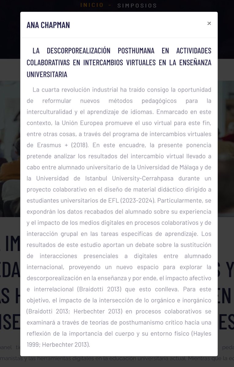 posthuman_uz's tweet photo. @mirfersan @mariaabizandac 📄 Ana Chapman (@_AnaChapman) delivered the paper “La descorporealización posthumana en actividades colaborativas en intercambios virtuales en la enseñanza universitaria”. https://t.co/it0OrAZGdR