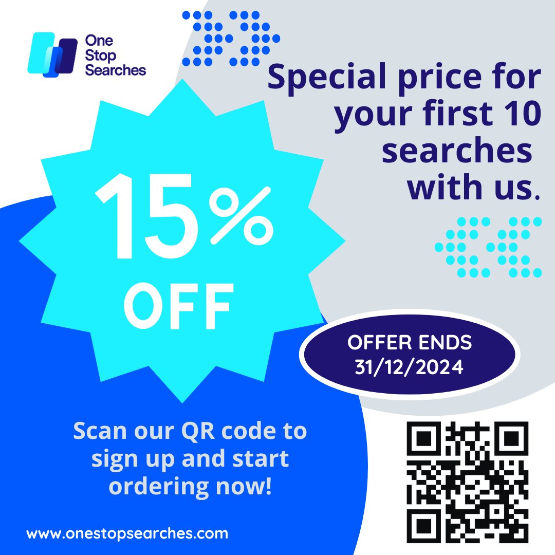 Take advantage of our special offer on all conveyancing searches. Deal only applies for your first ten searches made with One Stop Searches until December 31st. 
Sign up via our website today and get ordering!
#onestopsearches #specialoffer #conveyacningsearches