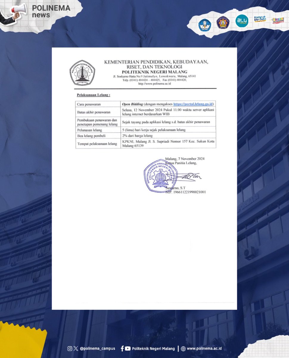 Pengumuman Jadwal Lelang Gedung AK Politeknik Negeri Malang (Lelang Ulang)

Informasi lebih lanjut melalui laman polinema.ac.id

#polinema #lelang #gedung