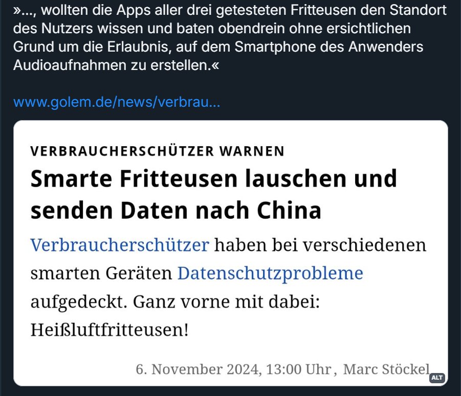 Nein, das ist kein Witz!

Wozu brauchen Haushaltsgeräte eine Internetverbindung? 

➡️Bald will mein Toastbrot nach Hause telefonieren, damit der Blockchaineintrag des dafür benutzten Getreides gelöscht werden kann...!
