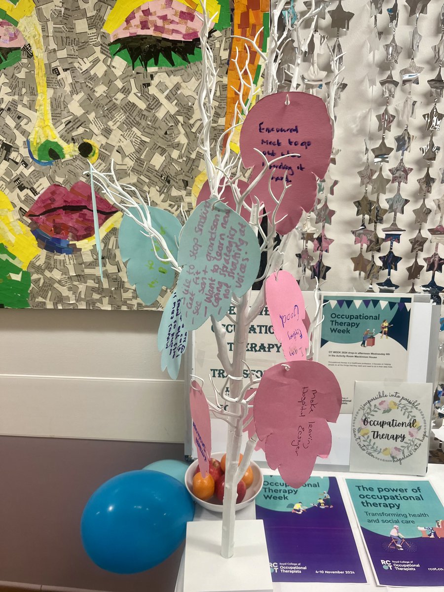 North East inpatient OT team at Stobhill celebrating #OTWeek2024 by engaging patients in an interactive OT stand. Patients enjoyed some OT word searches, OT information sheets, filling out leaves for our positiviTREE and some cakes!