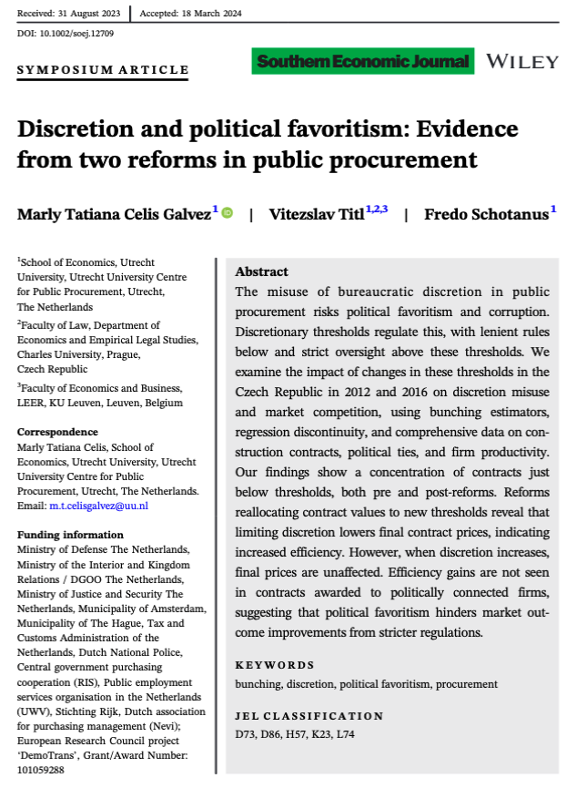 DemoTrans's tweet photo. 📢New Journal Article | Discretion and Political Favoritism: Evidence from Two Reforms in Public Procurement.

Does limiting bureaucratic discretion in public procurement drive efficiency? 

Read our new study by @marly_tati, @vtitl &amp; @FredoSchotanus to find out more.
🧶⬇️ https://t.co/FLz0U6Q39D