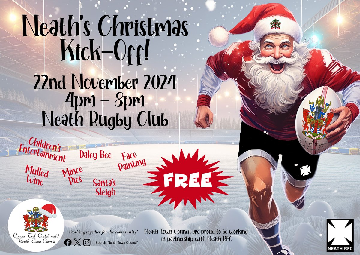 ✨🎄𝙉𝙚𝙖𝙩𝙝'𝙨 𝘾𝙝𝙧𝙞𝙨𝙩𝙢𝙖𝙨 𝙆𝙞𝙘𝙠-𝙊𝙛𝙛!🎄✨

Join us on 22nd November from 4pm - 8pm at Neath RFC for a magical evening to start the festive season! 

Bring your family and friends to enjoy an unforgettable evening filled with joy and holiday cheer 🎅