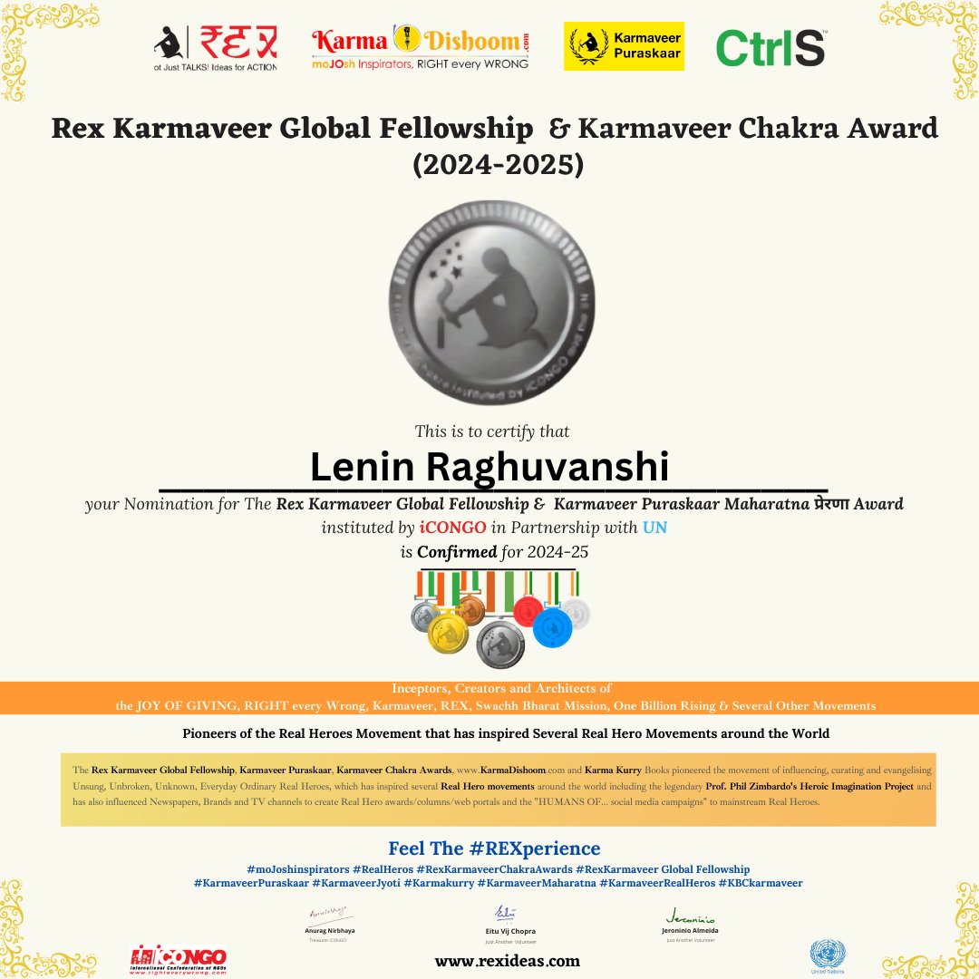 neodalit's tweet photo. 🌟 Honored to Share My Confirmation Certificate for the Coveted REX Karmaveer Puraskaar Maharatna प्रेरणा (Prerna) Award 2024! 🌟
Grateful to receive the Karmaveer Maharatna Prerna Award from #iCONGO in partnership with the #UnitedNations, recognizing those who relentlessly fight for justice, equality, and social transformation. Before this recognition, I received the prestigious Maharatna Award in 2019, a milestone that affirmed my commitment to challenging caste-based oppression, hegemonic masculinity, and patriarchy. Link: https://t.co/79fvoKQSPM
Through the Neo-Dalit movement and my work with @PVCHR, this journey continues to honor the dignity and rights of marginalized communities. Together, we are paving the way for a world where respect and equality are fundamental.
#RKGF celebrates #ChampionsOfChange who drive impact with #IdeasForAction, #RightEveryWrong, and the #JoyOfGiving.
📢 Here’s to more inspiring change and fostering growth for a just, inclusive society! ✊
#RexKarmaveerGlobalFellowship #KarmaveerAwards #KarmaveerNobleLaureates #REXperience #REXconclive #OneBillionRising #UnBOXyourMOJOSH