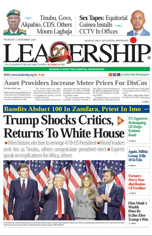 standard_ngr's tweet photo. 7. The Guardian 
- #USDecides Low expectations, optimism herald Trump's second coming 

8. Leadership 
- Elon Musk's wealth rises by $13bn after Trump victory 

Tags: 47th President National Grid DisCos White House #PSGATL #PSVGIR #PresidentialElection #President https://t.co/yBGpl0Mebo