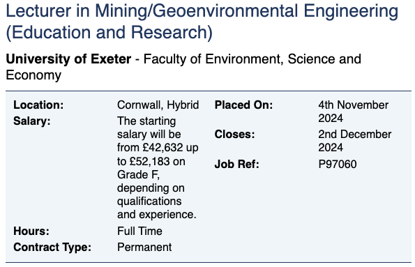 🚨 We are recruiting! 🚨
 
Lecturer in Mining/Geoenvironmental Engineering.

Full time. Permanent. Research &amp; Education. Spread the word.

Full details at: jobs.ac.uk/job/DKM590/lec…

#mining #minerals #geotechnics #engineering #miningengineering #geoscience #environment