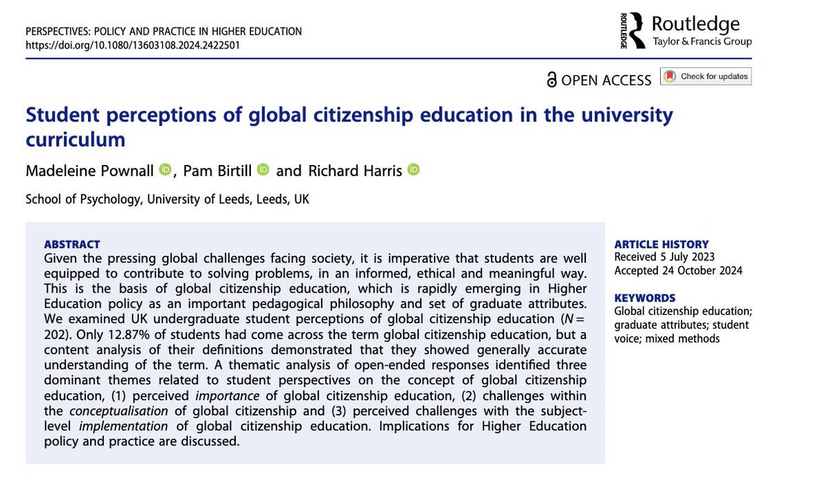 Dr Madeleine Pownall (@maddi_pow) on Twitter photo New paper <a href="/diervilla/">Dr Pam Birtill</a> & <a href="/HarrisR_Psy/">Dr. Richard Harris</a> from our LITE fellowship. What do students think about "global citizenship education?". They had not always heard of the term, but they think it's important. There are, however, some issues with the conceptualisation
tandfonline.com/doi/full/10.10… New paper <a href="/diervilla/">Dr Pam Birtill</a> & <a href="/HarrisR_Psy/">Dr. Richard Harris</a> from our LITE fellowship. What do students think about "global citizenship education?". They had not always heard of the term, but they think it's important. There are, however, some issues with the conceptualisation
tandfonline.com/doi/full/10.10…