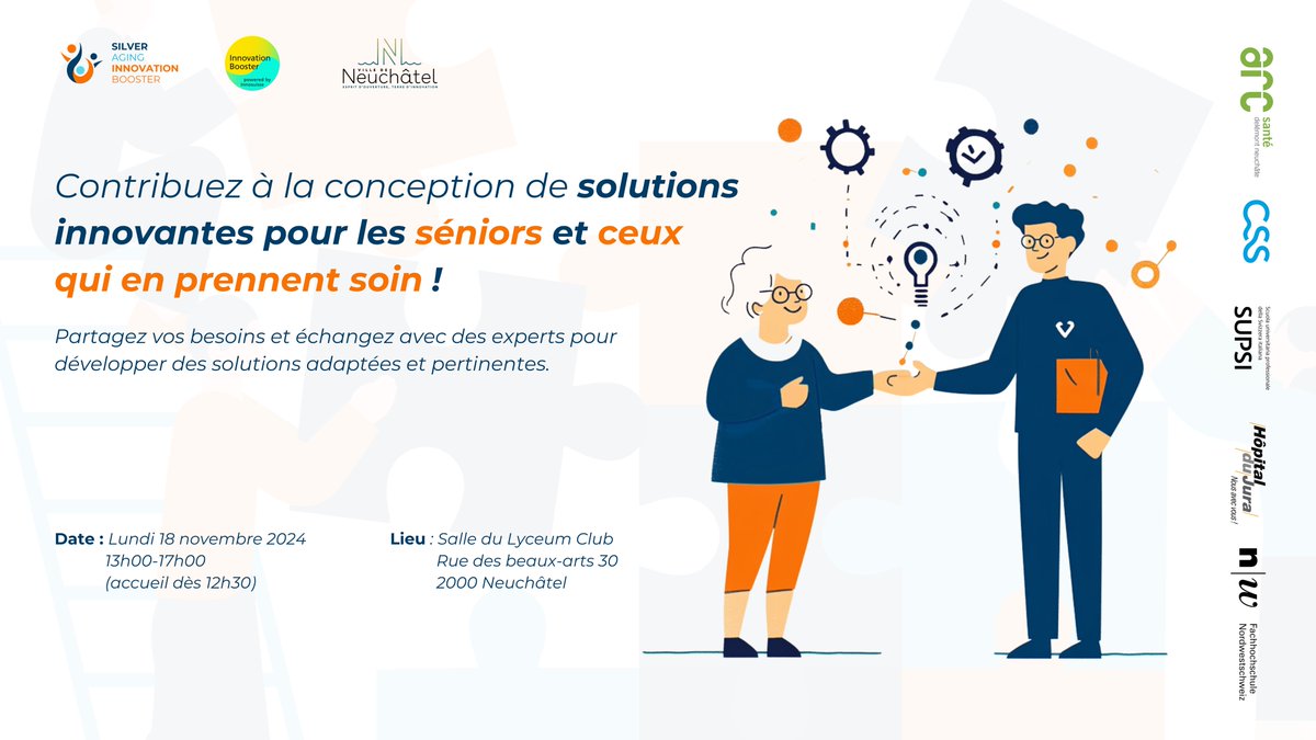 📢 Rejoignez-nous le 18 novembre à Neuchâtel !

📅 Matchmaking pour la qualité de vie des séniors : 
🗣️ Partage de besoins 
💡 Propositions de solutions 
🤝 Réseautage et collaboration

Inscription jusqu’au 12 novembre 2024 ! 🚀 
🔗forms.office.com/pages/response…