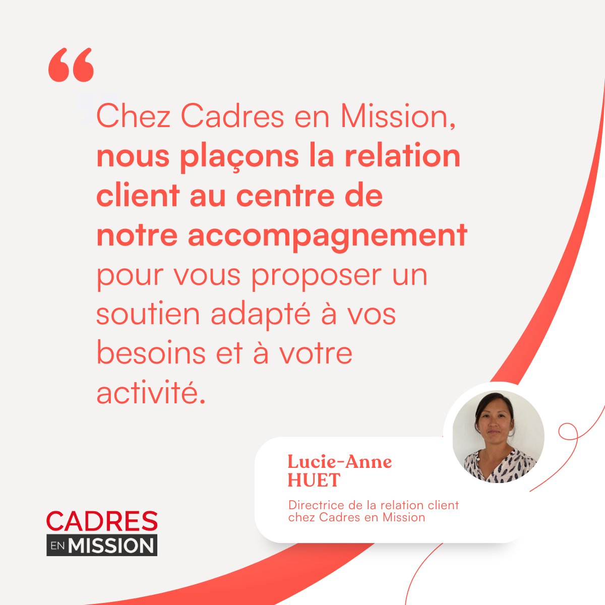 🤝 Chez Cadres en Mission, la relation client est au cœur de nos actions afin de vous proposer un accompagnement personnalisé grâce à :
📞 Un conseiller dédié
💼 Une équipe engagée de plus de 90 collaborateurs
🗺️ Un accompagnement en région
Prenons contact ➡️ 01 53 43 09 50