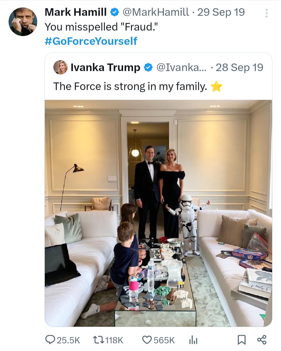 robhammer40k's tweet photo. @MarkHamill Six years ago, you posted this cruel tweet about a fan, a fan who was a child.
As someone who was a fan and a child myself "a long time ago...", I can imagine how heart-breaking that would have been.
Enjoy the next four years and #GoForceYourself. https://t.co/r6UISk62lQ