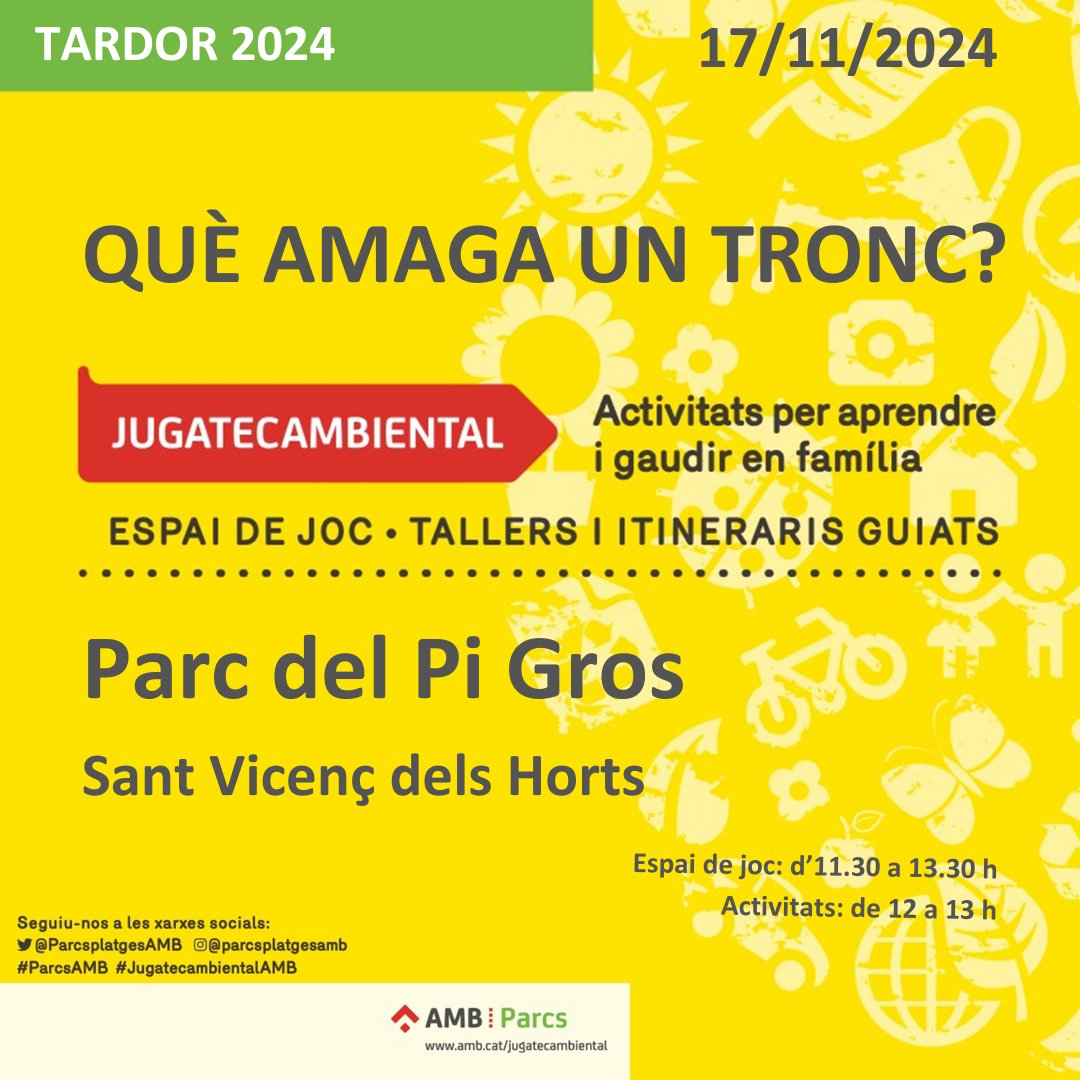🪵Què amaga un tronc?

🗓️diumenge 17 de novembre
Espai de joc d'11.30 a 13.30 h
Activitats de 12 a 13 h

📍Parc del Pi Gros

#ParcsAMB #JugatecambientalAMB #JugatecaPiGros #parcsmetropolitans #parcsplatgesAMB #SantVicençdelsHorts
@parcsplatgesamb @jugatecambientals