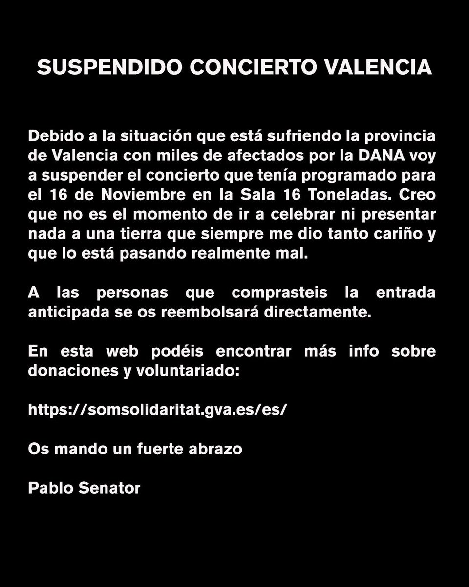 Valencia

A las personas que comprasteis la entrada anticipada se os reembolsará directamente.

En esta web podéis encontrar más info sobre donaciones y voluntariado:

somsolidaritat.gva.es/es/ 

Os mando un fuerte abrazo

Pablo Senator