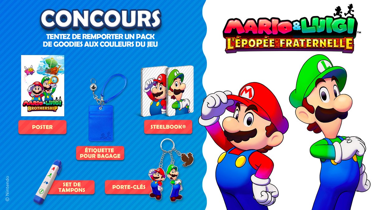 [CONCOURS🎁] Pour célébrer la sortie de Mario &amp; Luigi : L'épopée fraternelle, tentez de remporter un des 4 lots de goodies mis en jeu !

Pour participer :
- RT ce post
- Commentez avec le #MarioLuigi
4 gagnants tirés au sort le 14/11.