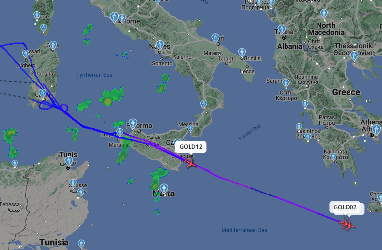 TheSnoopySnoop's tweet photo. #GOLD01 &amp; #GOLD02 approaching SW Crete

#GOLD11 &amp; #GOLD12 just passed over Sicily https://t.co/M3tuEphXpb