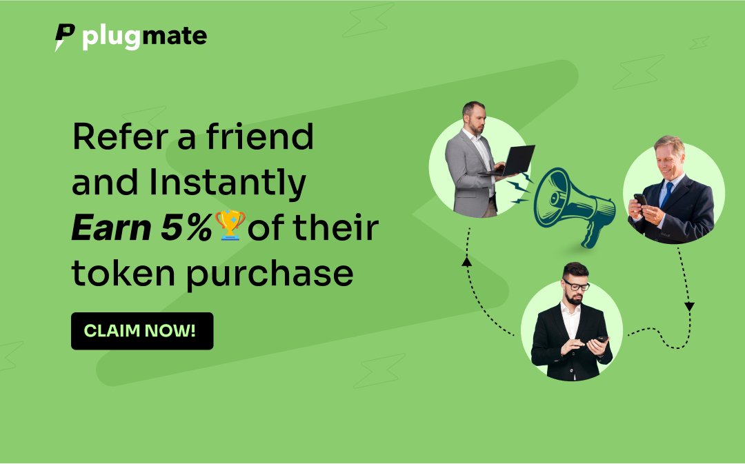 PlugMateEV's tweet image. 🚀 Earn instant 5% bonus! 🌟💸

✨ Sign up (plugmate.io), generate your Referral Code, and share it with your community. Every token purchase made via your code gives you an instant 5% bonus! ⚡ 

With PlugMate, you’re helping bridge the EV infrastructure gap through