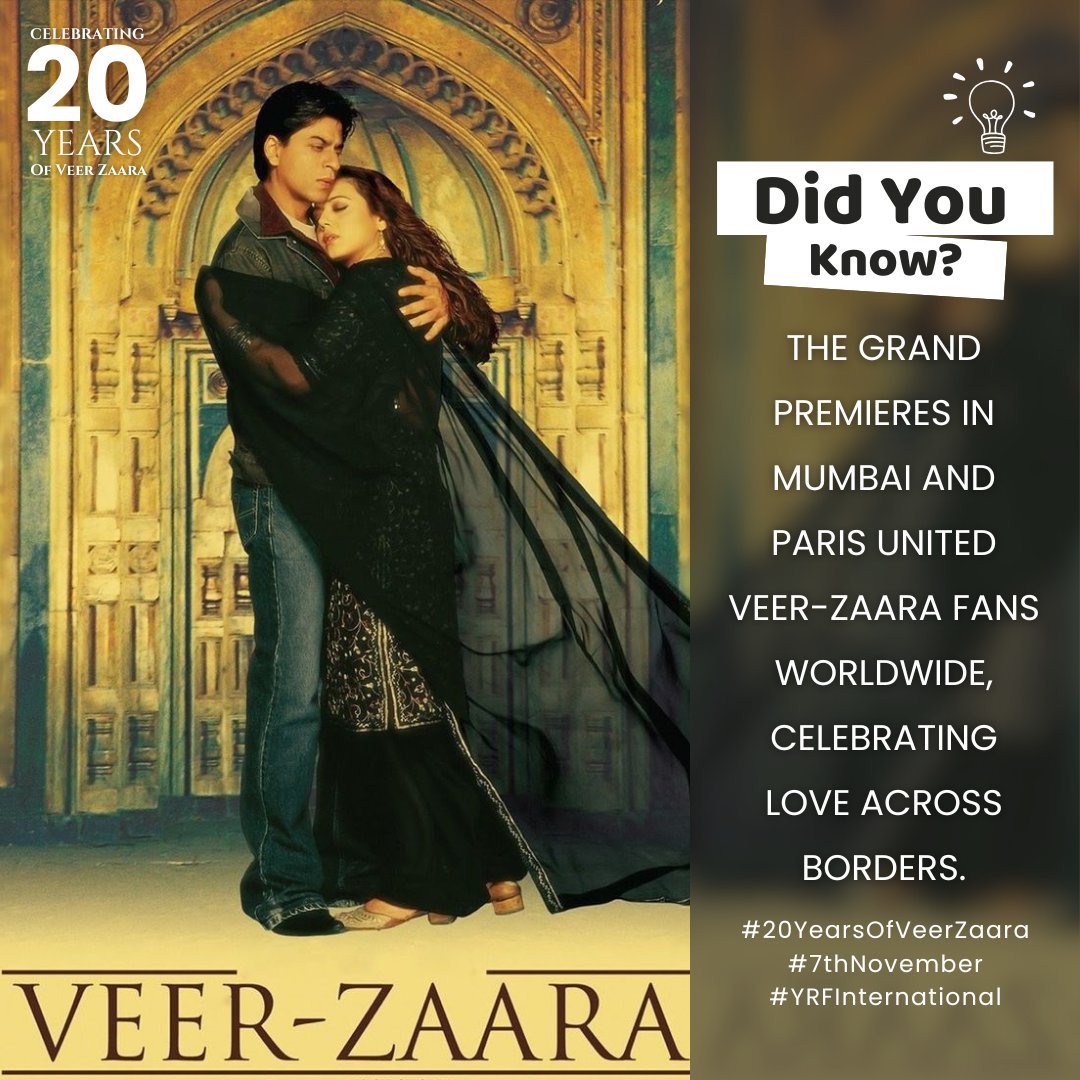 20YearsOfVZ's tweet photo. Grand Premiere of Veer-Zaara in Mumbai and Paris brought together fans from two nations, creating unforgettable memories. Watch how iconic actors added their magic to this timeless love story. Dive into special, untold facts in this special Veer-Zaara trivia

#20YearsOfVeerZaara https://t.co/8wg6hicaUW