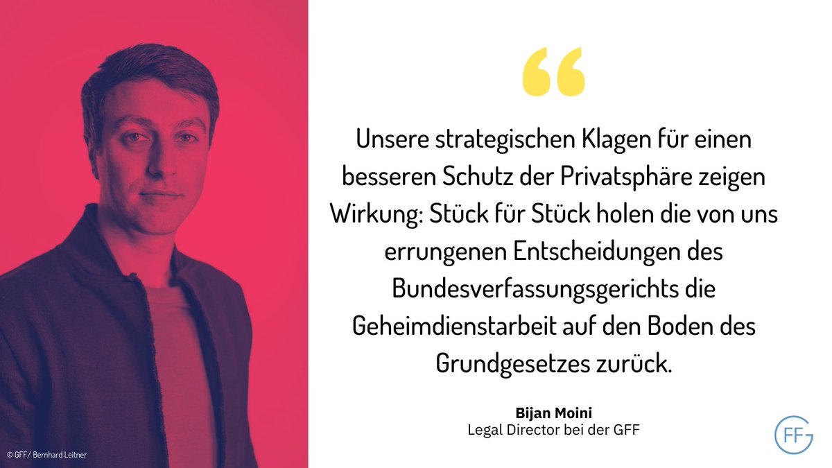 Der lange Atem für die #Grundrechte: Nach 8 Jahren fahren wir gemeinsam mit <a href="/amnesty_de/">Amnesty Deutschland</a> einen Erfolg für Privatsphäre vor dem <a href="/BVerfG/">BVerfG</a> mit unserer 1. Verfassungsbeschwerde überhaupt ein! Karlsruhe weist die Geheimdienstarbeit erneut in die Schranken. freiheitsrechte.org/ueber-die-gff/…