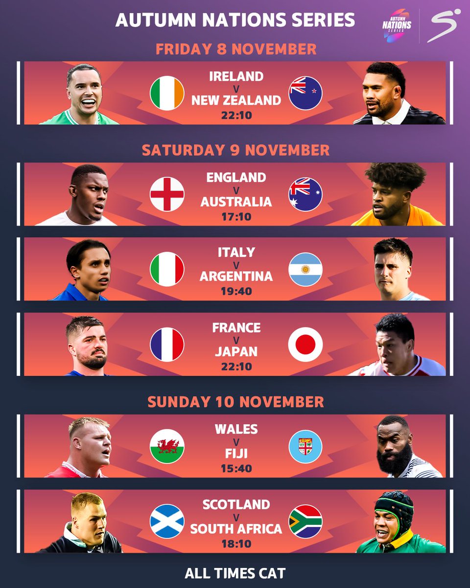 SSRugby's tweet image. It's a rematch of the #RWC2023 quarter-final in Dublin tonight ☘️🆚🇳🇿

The Wallabies look to topple England at Twickenham with the Boks wrapping the weekend up at Murrayfield 🍿🔥

#AutumnNationsSeries