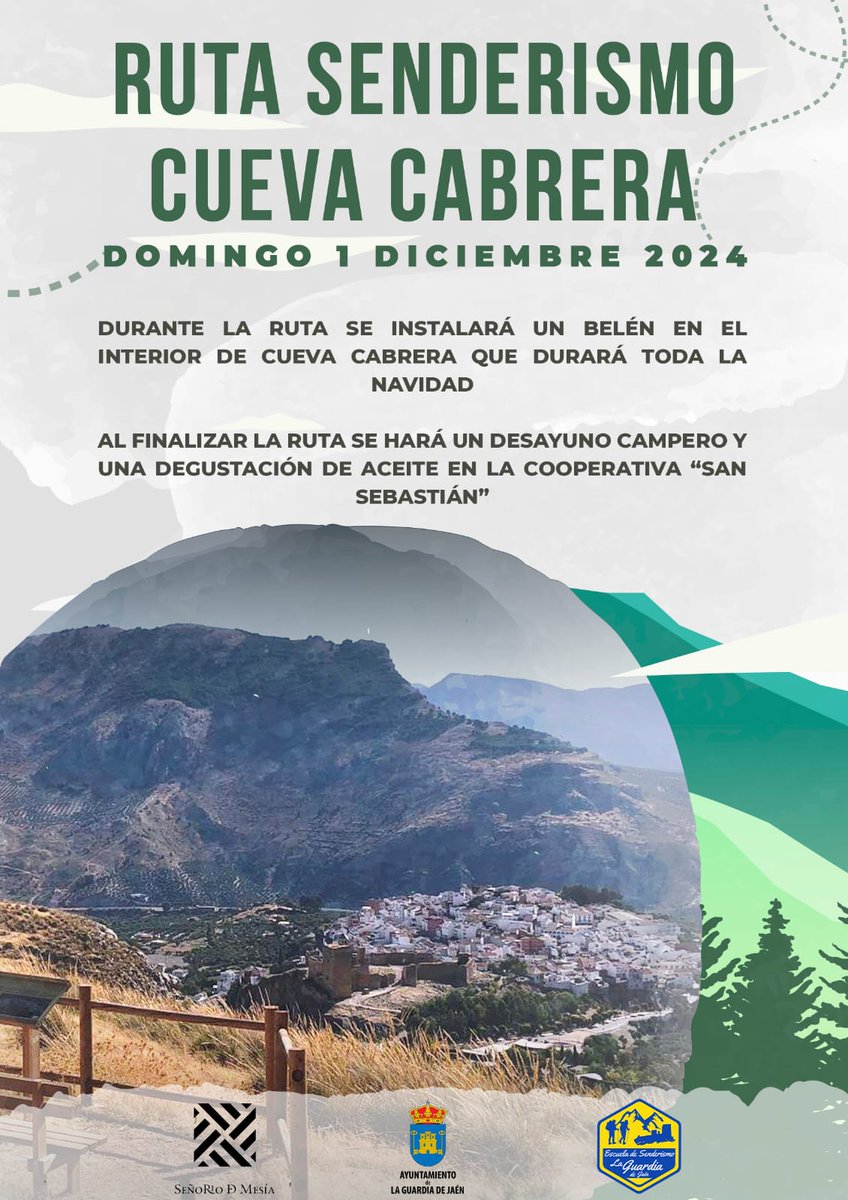 El próximo domingo, 1 de diciembre, el club de #senderismo de La Guardia organiza una ruta de senderismohacia Cueva Cabrera.

📍 Salida: Parque Justo Montañez 
🕘 9:00. 

ℹ️ Más info:  facebook.com/share/p/Xm54CG…