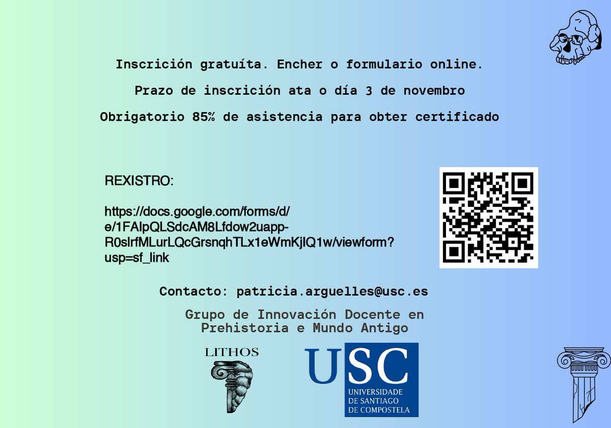 💬 Curso docente de actualización na investigación da Prehistoria e Mundo Antigo en Galicia

🗓️ 8, 15 e 22 de novembro, 16-20h
📍 Aula 8

Programa e máis información 👇