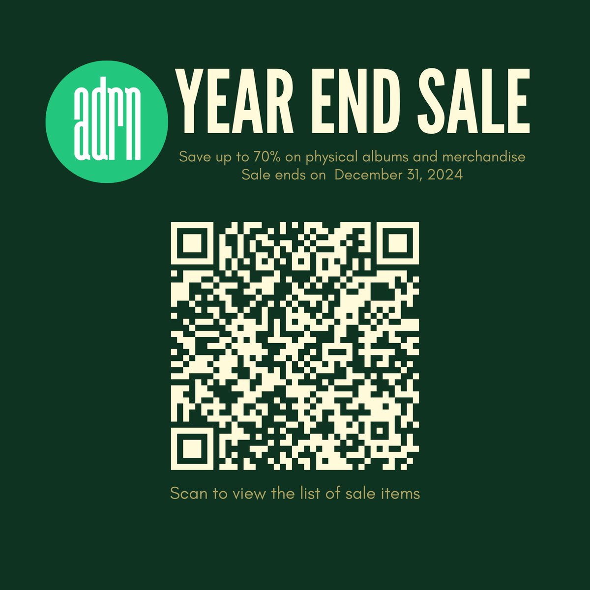 adrnph's tweet photo. Shop early for your presents this gift-giving season. Save up to 70% off on CDs, vinyl, tape, and merch. Scan the code for the list of items available and their discounted price. Promo valid from now to December 31, 2024 only. Message us now to order! 🛒🛍️ https://t.co/dXP5HKQc1S