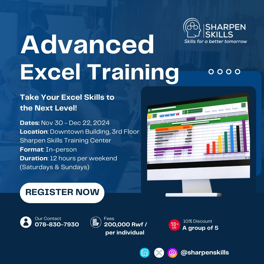 sharpenskills's tweet image. Boost your Excel skills with our Advanced Training! 📈 Master formulas, data management, and more in just 4 weekends. Ready to level up? Sign up now! #ExcelTraining #SharpenYourSkills #CareerGrowth
