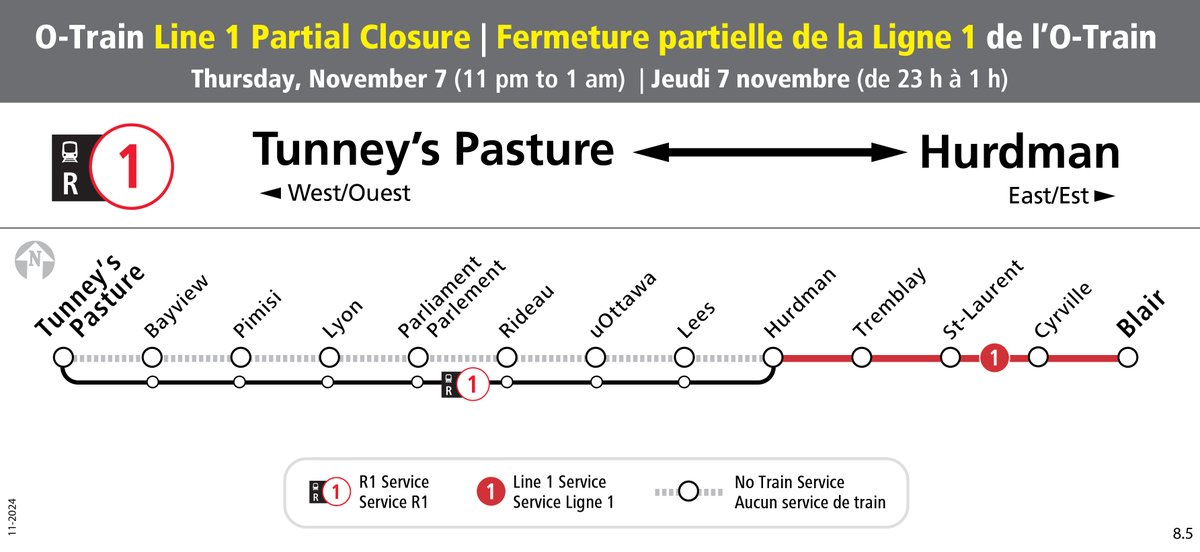 ⚠️O-Train Line 1 will be adjusted tonight from 11 pm – 1 am due to maintenance activities.

➡️Trains will run from Blair to Hurdman Station.

➡️R1 service will run from Tunney’s Pasture and Hurdman Station.

1/2