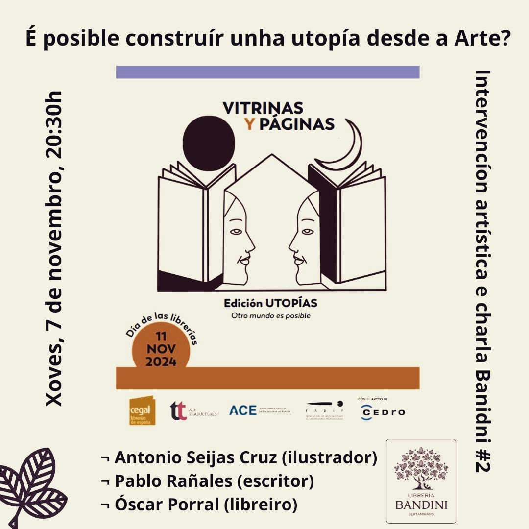 📚 Para quem o desexe, esta tarde-noite, en Ames, unha conversa sobre modelos utópicos e creación artística. 

E debullamos esta cancelación de futuro que vivimos, este presente permanente con nostalxia dun pasado percibido como seguro. 

📍Na Libraría Bandini.