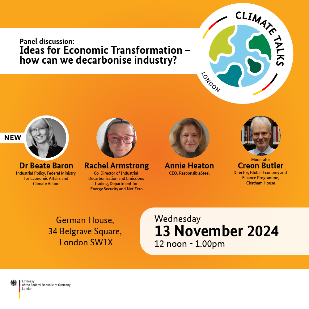 Ready to rethink industry? Join us at our next Climate Talk for insights on decarbonisation from:

Dr Beate Baron, @BMWK
Rachel Armstrong, <a href="/energygovuk/">Department for Energy Security and Net Zero</a>
Annie Heaton, <a href="/ResponsblSteel/">ResponsibleSteel™</a>
Creon Butler, <a href="/ChathamHouse/">Chatham House</a>

Sign up: forms.gle/Mn8BfaKAEPQZaB…
#GermanClimateAction #ClimateTalks