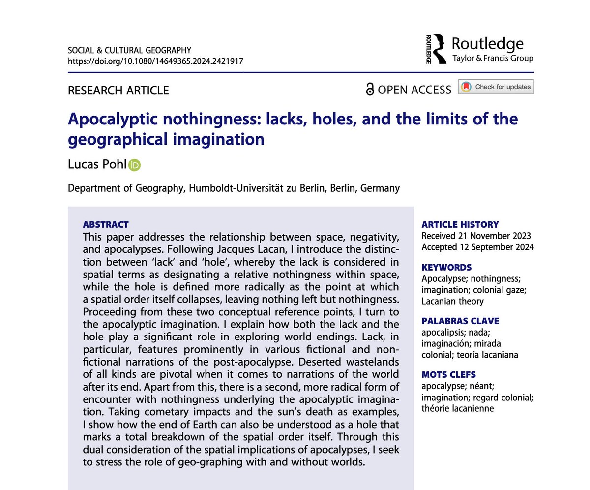 Thomas Dekeyser (@thomasdekeyser) on Twitter photo Now out 🕳️🕳️🕳️
<a href="/lucaspohI/">Lucas Pohl (@lucaspohl@bsky.social)</a>'s article in the 'Geography & Nothingness' special issue edited by <a href="/katiecmoliver/">catherine oliver</a> & myself.
It investigates 'apocalyptic nothingness' as a way of "grappling with the very foundations of geography as an Earth-bound discipline".
tandfonline.com/doi/full/10.10… Now out 🕳️🕳️🕳️
<a href="/lucaspohI/">Lucas Pohl (@lucaspohl@bsky.social)</a>'s article in the 'Geography & Nothingness' special issue edited by <a href="/katiecmoliver/">catherine oliver</a> & myself.
It investigates 'apocalyptic nothingness' as a way of "grappling with the very foundations of geography as an Earth-bound discipline".
tandfonline.com/doi/full/10.10…