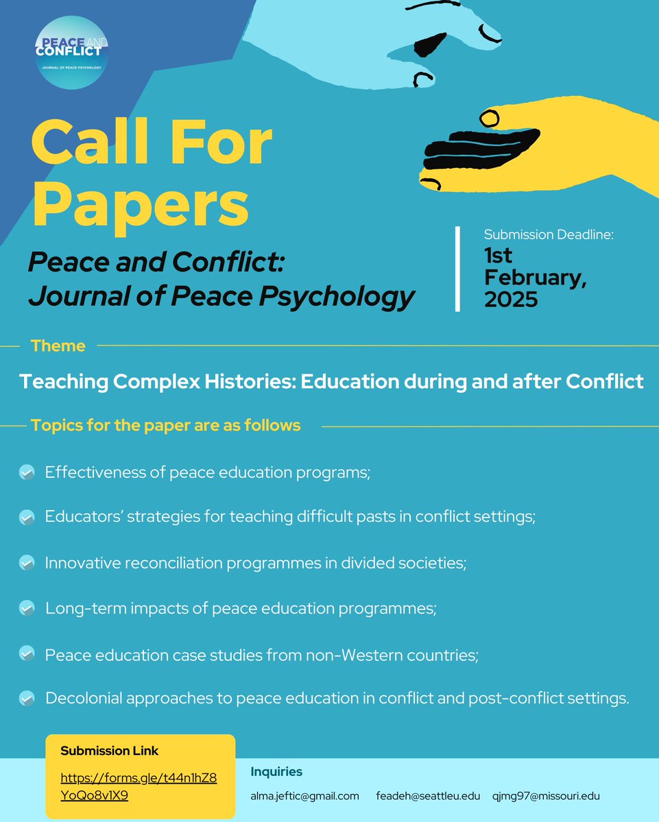 Peace and Conflict: Journal of Peace Psychology (@pac_journal) on Twitter photo 🚨CALL FOR PAPERS 🚨
Peace and Conflict: Journal of Peace Psychology invites manuscript submissions for a Special Issue co-edited by <a href="/alma_jeftic/">Alma Jeftic 📝📚🏖🌊☀️</a>, @feadeh & <a href="/GhawinRiver/">Q. McLamore</a>.
🗓️Submit an abstract by 1st Febraury 2025: forms.gle/t44n1hZ8YoQo8v…
More details: apa.org/pubs/journals/… 🚨CALL FOR PAPERS 🚨
Peace and Conflict: Journal of Peace Psychology invites manuscript submissions for a Special Issue co-edited by <a href="/alma_jeftic/">Alma Jeftic 📝📚🏖🌊☀️</a>, @feadeh & <a href="/GhawinRiver/">Q. McLamore</a>.
🗓️Submit an abstract by 1st Febraury 2025: forms.gle/t44n1hZ8YoQo8v…
More details: apa.org/pubs/journals/…