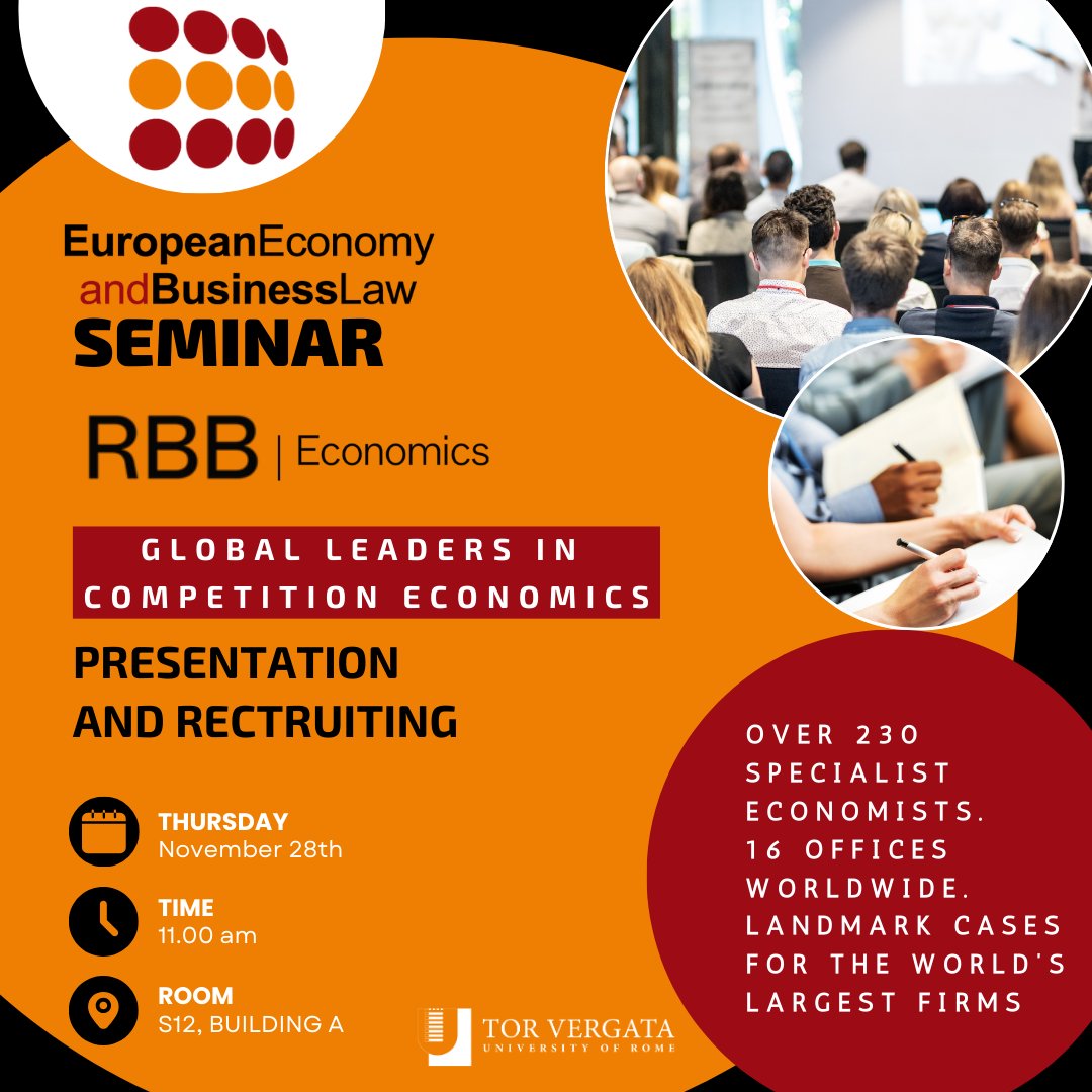 MSc in European Economy and Business Law (@msceebl) on Twitter photo RBB Seminar
Our guest consultants will present examples of competition policies.
➡️After the company’s presentation, students you will have the opportunity to be interviewed.
November 28th, 11.00 am, room S12
SAVE THE DATE 👋
@carciccar
<a href="/DEF_TorVergata/">DEF Tor Vergata</a>
<a href="/unitorvergata/">Università di Roma Tor Vergata</a> RBB Seminar
Our guest consultants will present examples of competition policies.
➡️After the company’s presentation, students you will have the opportunity to be interviewed.
November 28th, 11.00 am, room S12
SAVE THE DATE 👋
@carciccar
<a href="/DEF_TorVergata/">DEF Tor Vergata</a>
<a href="/unitorvergata/">Università di Roma Tor Vergata</a>