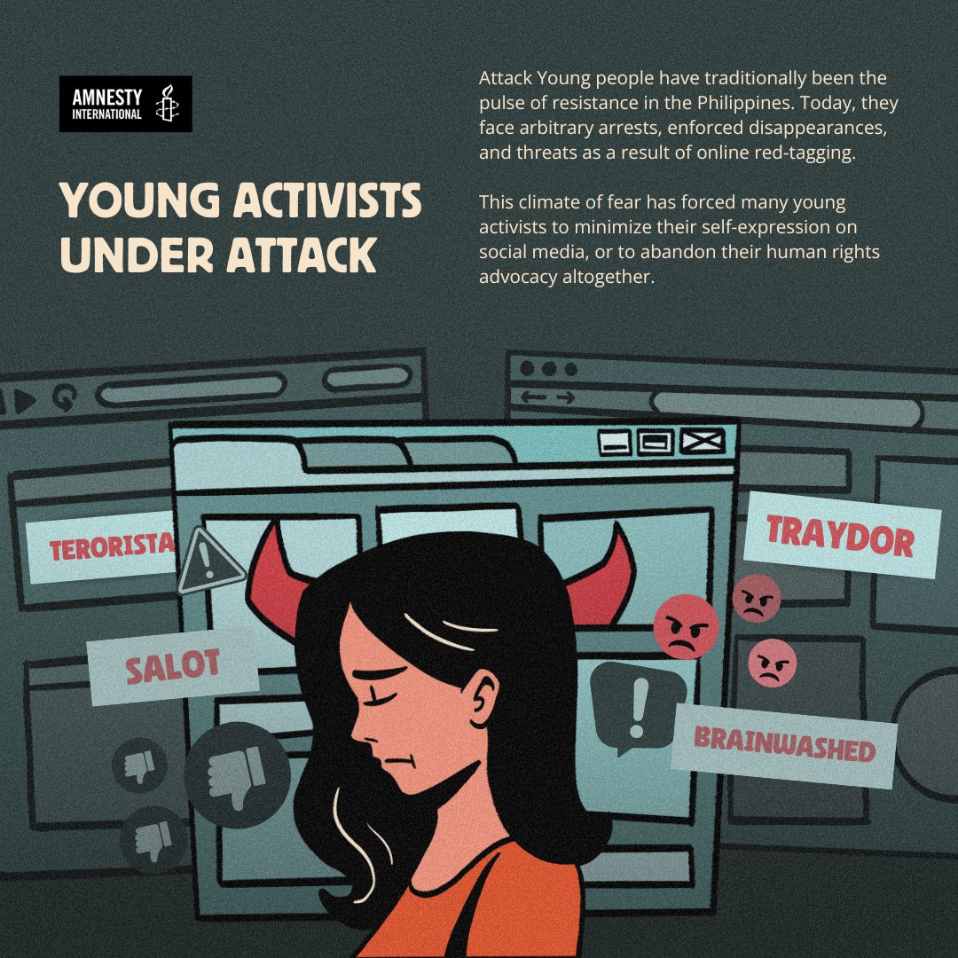 amnestyph's tweet photo. The harms of red-tagging go beyond the screen. For young Filipino activists, it means real-life threats: social isolation, mental distress, and even physical danger. Our latest report shares their stories.

Take action now!
https://t.co/ns1nWAPT82
#BilangTibak #ProtectTheProtest https://t.co/aKZNIVuNQt