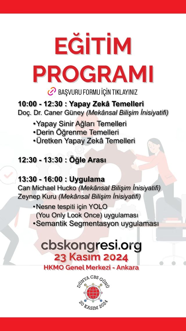 23 Kasım 2024 Cumartesi günü Ankara'da Harita ve Kadastro Mühendisleri Odası Genel Merkezi'nde AI Bootcamp düzenliyoruz. Eğitim CBS Kongresi sonrasında düzenlenecektir. 
Kayıt linki: docs.google.com/forms/d/e/1FAI…