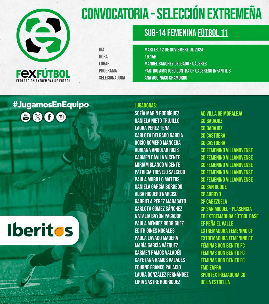 💚🤍🖤 | #SelecciónExtremeña |

📌Nuevas convocatorias para las selecciones extremeñas sub-14 y sub-16 femeninas el martes 12 de noviembre en 📍Cáceres.

#SomosFEXFUTBOL
#VamosExtremeña