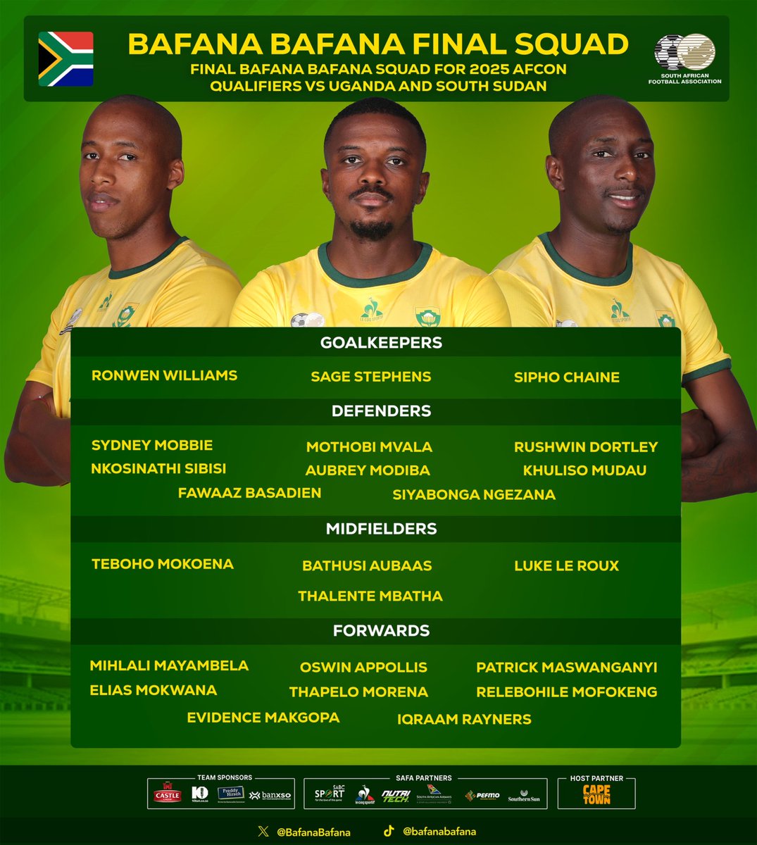 Bafana Bafana coach Hugo Broos names his final squad for this month's  2025 AFCON qualifiers against Uganda (away, 15 November 2024) and South Sudan (in Cape Town, 19 November 2024). These are the final matches of the qualifying  campaign.

#BafanaPride
#AFCONqualifiers
