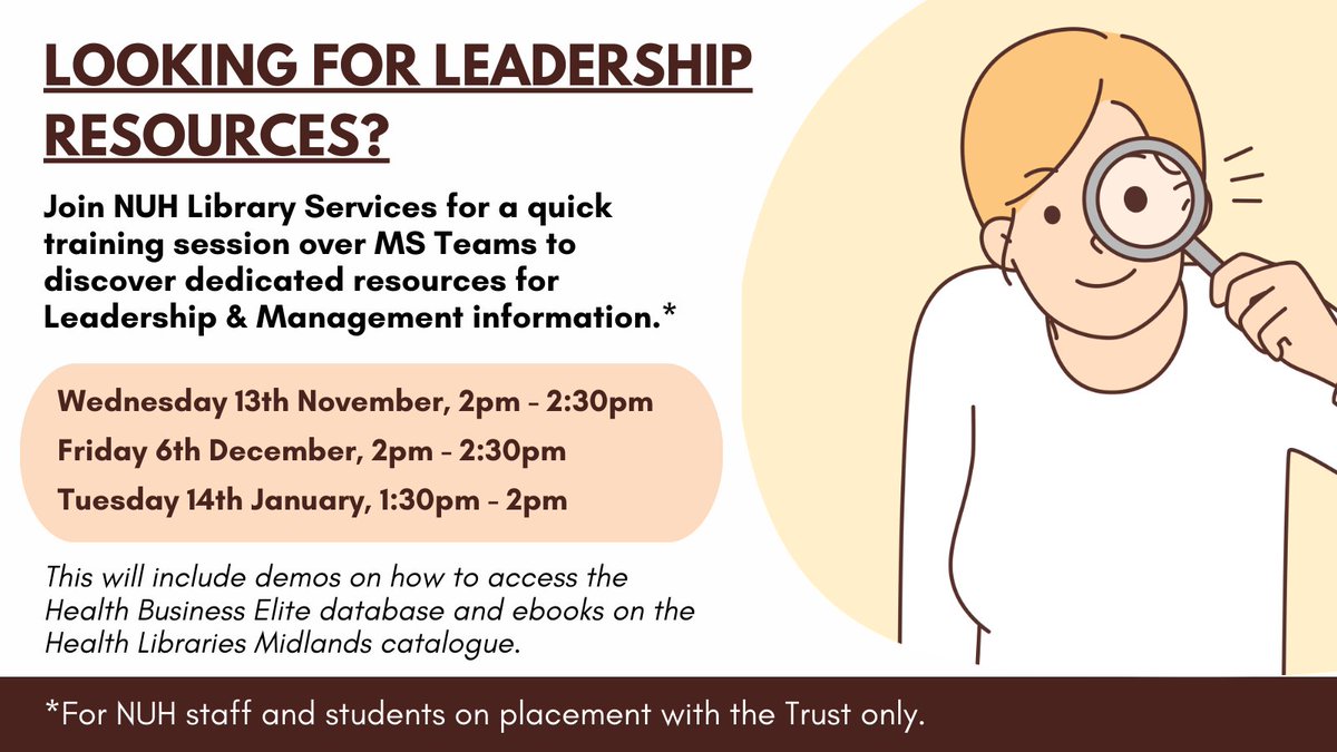 Attending NUH leadership workshops in the coming months? Interested in supporting your studies with relevant information resources?   

We run introductory sessions to our collections every month, over MS Teams. View our courses &amp; book your place here: bit.ly/4bjTxc3.