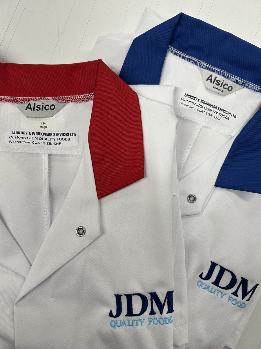 laundryworkwear's tweet photo. New food trade coats &amp; processable polo shirts for one of longest serving customers JDM Quality Foods, different coloured collars are to separate high care &amp; low care areas for food contamination &amp; hygiene, all embroidery done in house and laundering all included in our service https://t.co/QmoZZAXgRB