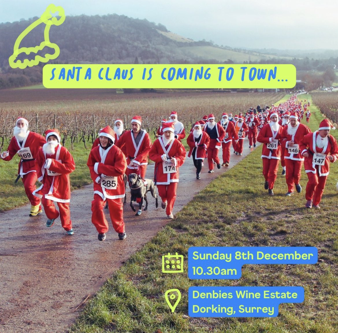THE SANTA CLAUS RUN IS COMING TO TOWN 🎅🏼 

Join hundreds of Santas for a FREE festive 5k run, jog or walk at Denbies Wine Estate on Sunday 8th December, and help local children this Christmas. 

Register your place today via: 

eikon.org.uk/event/denbies-…