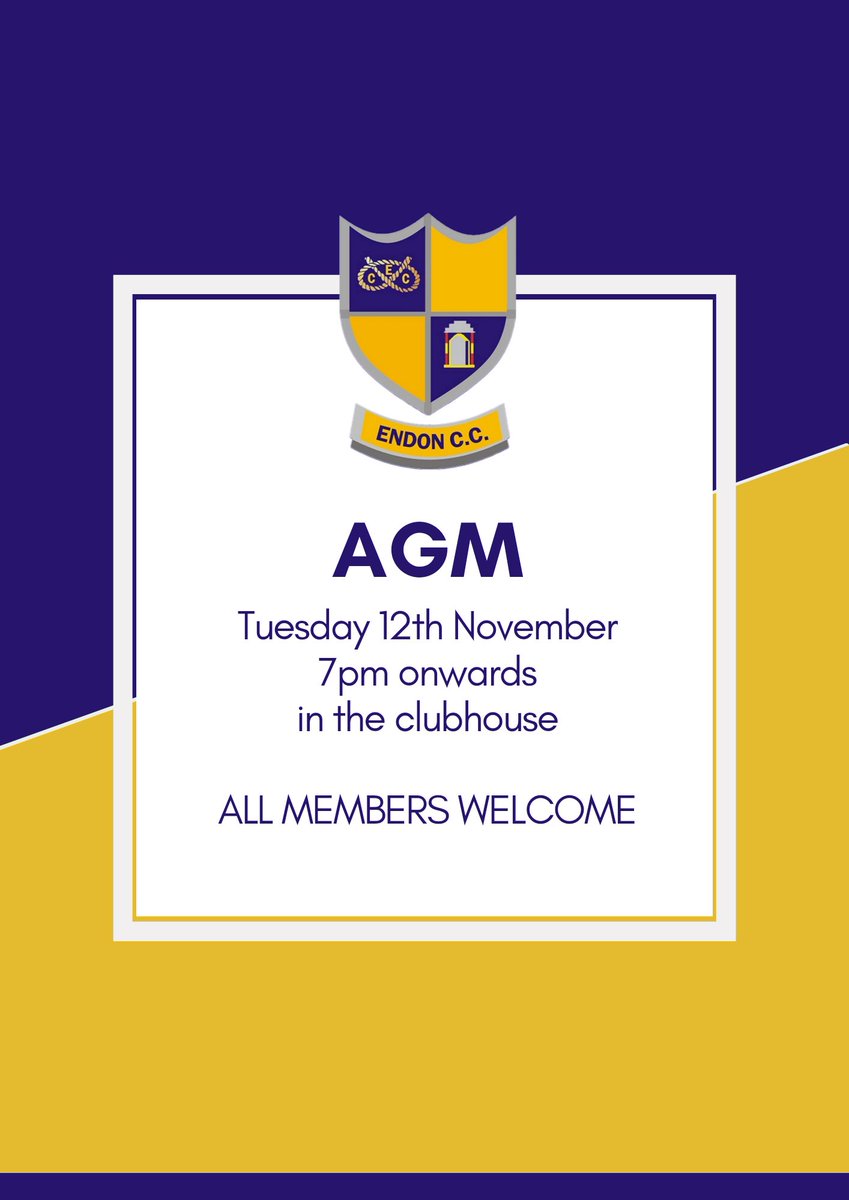 Our Annual General Meeting is next Tuesday 12th November, from 7pm in the clubhouse. All members welcome. Come along to hear about our plans for next season, and share your views.

#endoncc #yourclub