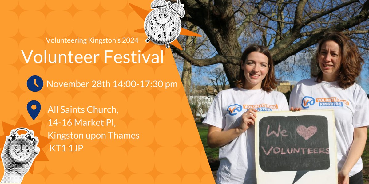 Join us at Kingston Volunteer Festival!
A chance to meet local organisations and community groups that are actively seeking volunteers. Find out more about their services, volunteer roles &amp; opportunities. Drop in &amp; have a chat!
<a href="/ConnectedKings/">ConnectedKingston</a> <a href="/RBKingston/">Kingston Council</a> <a href="/KingstonVA/">Kingston Voluntary Action</a> 
#Volunteer