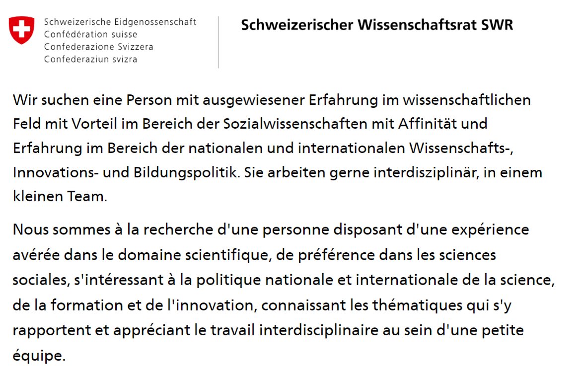 Swiss Science Council (@swiss_ssc) on Twitter photo 🚨Great job opportunity at the secretariat of the <a href="/Swiss_SSC/">Swiss Science Council</a> (Scientific Advisor/80%)!⬇️
jobs.admin.ch/offene-stellen… 🚨Great job opportunity at the secretariat of the <a href="/Swiss_SSC/">Swiss Science Council</a> (Scientific Advisor/80%)!⬇️
jobs.admin.ch/offene-stellen…