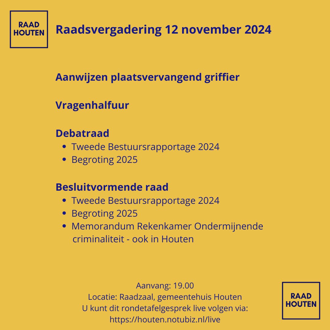 Gewijzigde agenda raadsvergadering t.o.v. 't Groentje. De raadsvergadering op donderdag 14 november is komen te vervallen, alle agendapunten worden behandeld op dinsdag 12 november.