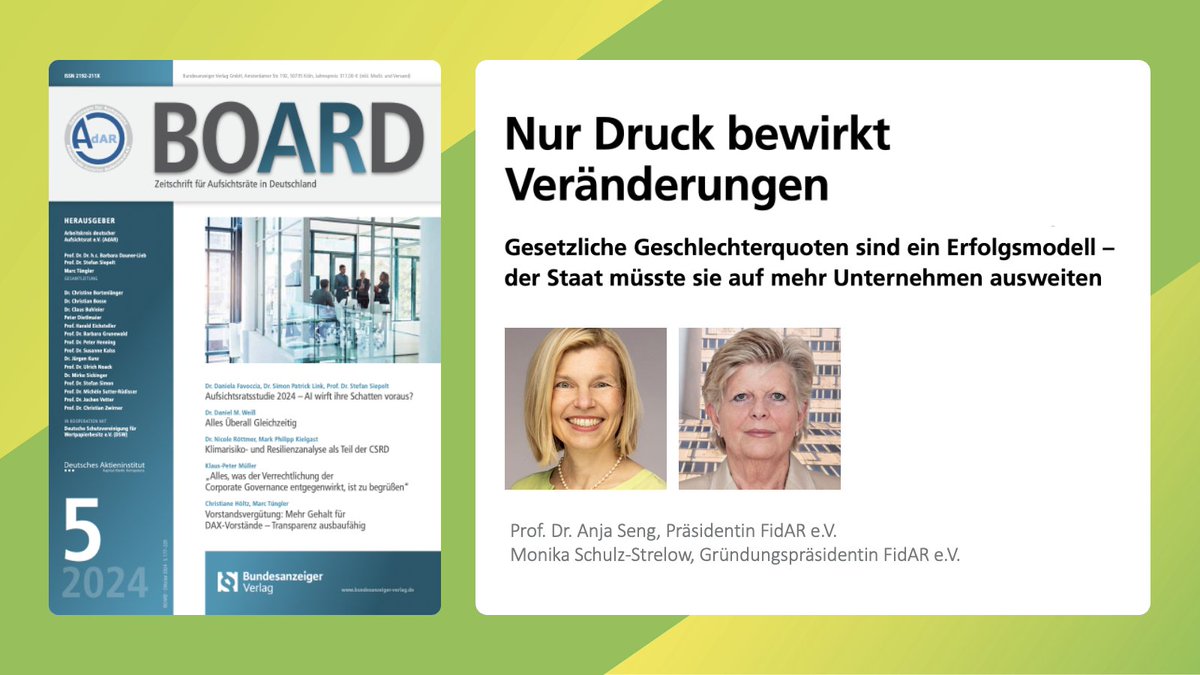 FidAReV's tweet photo. Gesetzliche Geschlechterquoten sind ein Erfolgsmodell: Es ist Zeit, das Modell auf deutlich mehr Unternehmen auszuweiten. Eine historische Betrachtung von FidAR-Präsidentin Prof. Dr. Anja Seng (@fomprof) und FidAR-Gründungspräsidentin Monika @SchulzStrelow in der aktuellen BOARD. https://t.co/RYPShXZ9tk