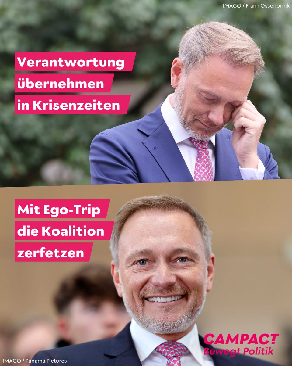 campact's tweet photo. 😳 What?!

Gestern, am selben Datum, an dem der Faschist Donald Trump zum US-Präsidenten gewählt wurde, hat @c_lindner die Ampel-Koalition platzen lassen. Als wir dachten, es könne nicht noch chaotischer werden, folgt das nächste politische Beben. https://t.co/cm7CePnykx
