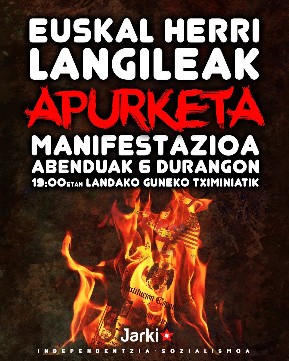 JardunK's tweet photo. JARKI antolakunde iraultzaileak abenduaren 6an espaniar konstituzioaren aurkako manifestazioa burutuko du Durangon. Manifestazioa Landakoko tximiniatik abiatuko da arratsaldeko 19:00etan.  

EUSKAL HERRI LANGILEAK APURKETA! https://t.co/4o6mgqZq4M