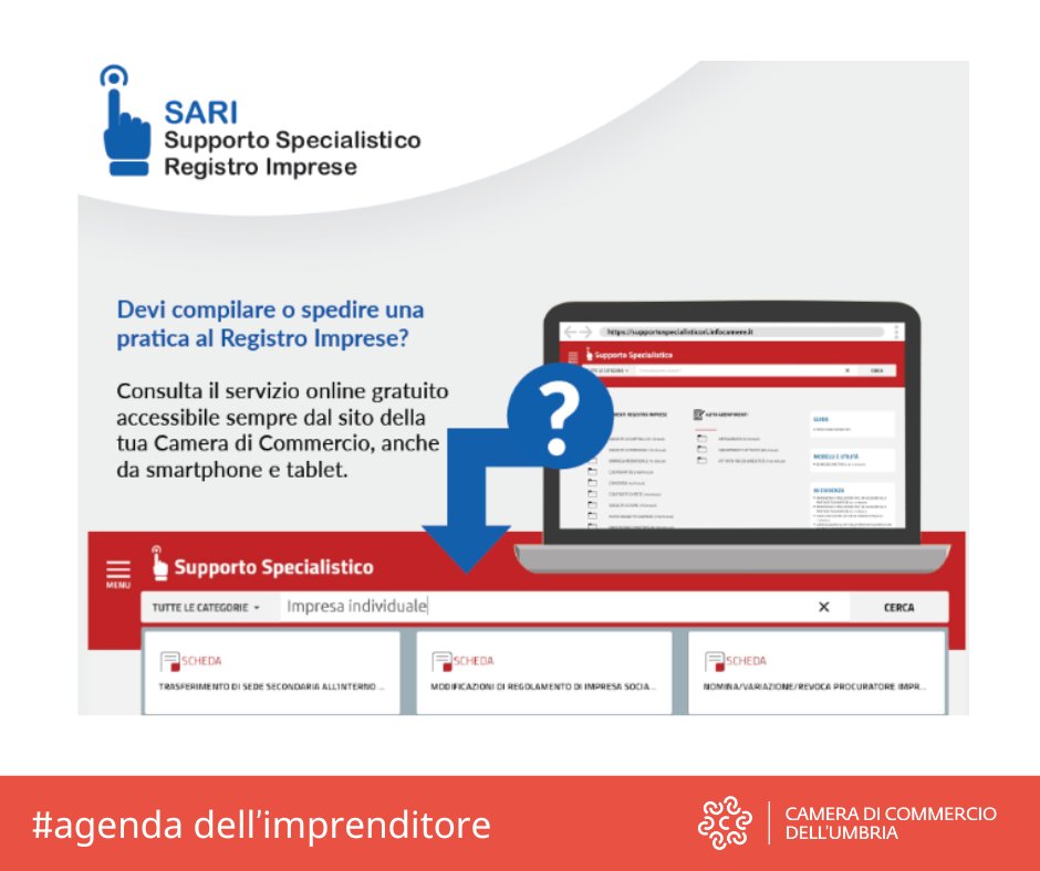 cciaaumbria's tweet image. Sei un #imprenditore e vuoi contattare il Registro #Imprese?  Chiedi aiuto a SARI!
E' lo strumento di consultazione on line per avere tutte le informazioni utili per predisporre pratiche telematiche al Registro Imprese della Camera di Commercio. 
umbria.camcom.it/novita/notizie…