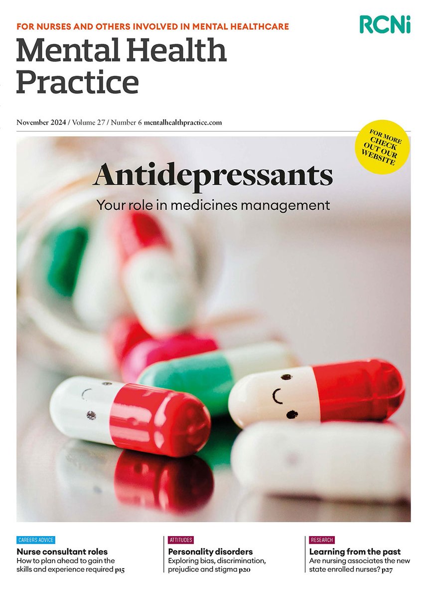 The November issue of Mental Health Practice is out now. There's a #CPD on monitoring antidepressants <a href="/JoPainter1/">Jo Painter RNMH QN</a>, dementia care <a href="/ZenaAldridge1/">Dr Zena Aldridge RMHN MA QN FRSA</a>, nurse consultants, when can you refuse to treat an aggressive patient and are nursing associates the new SENs?
journals.rcni.com/toc/mhp/27/6